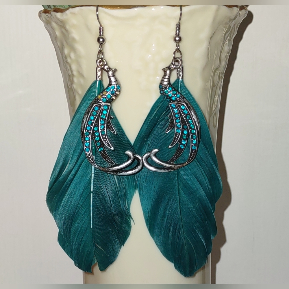 Teal Blue Feather Earrings with Jeweled Peacocks - Picture 5 of 13